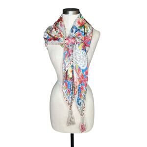 JOHNNY WAS Women's Bouquet Silk Scarf Scare Tasseled Colorful Pattern